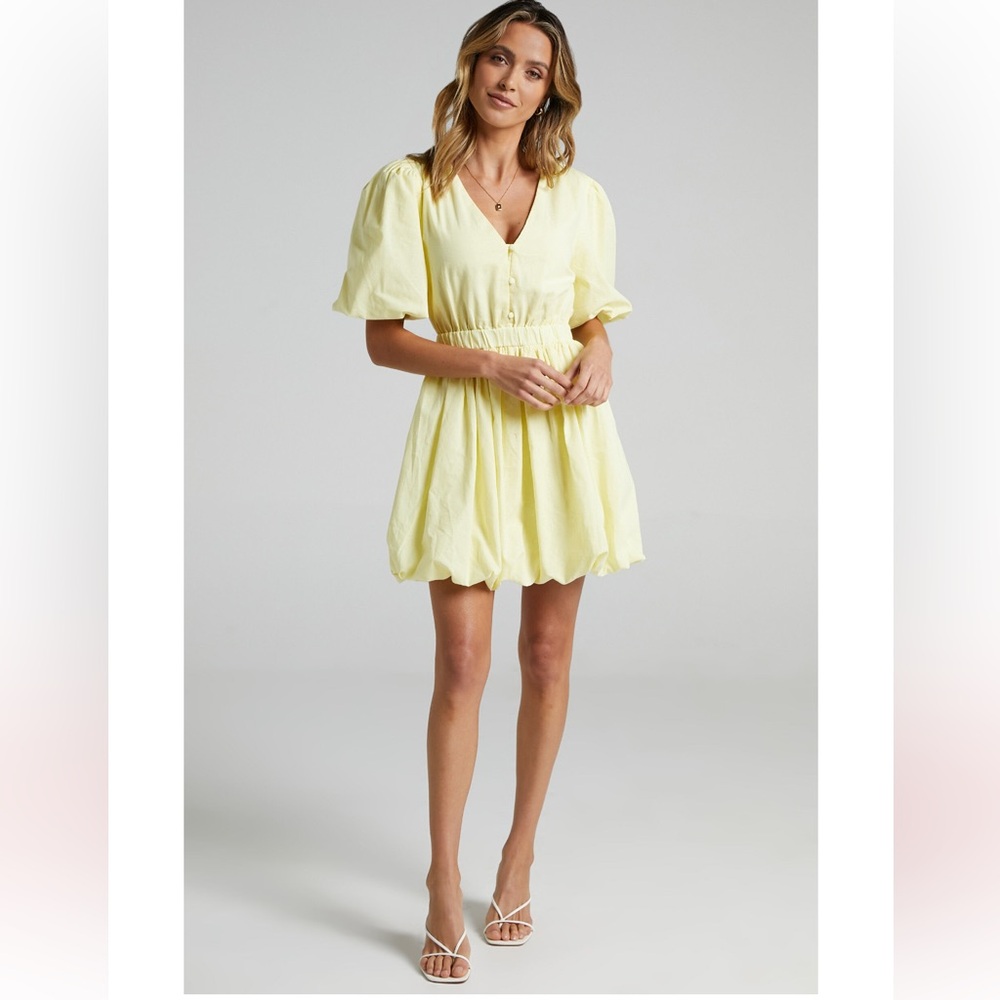 Showpo Light Yellow Mini Dress with Puff Sleeves